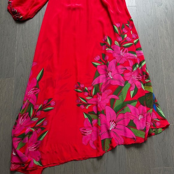 FARM RIO Summer Foliage Scarf Red Maxi Dress One Shoulder Floral - Size XS - Picture 7 of 14